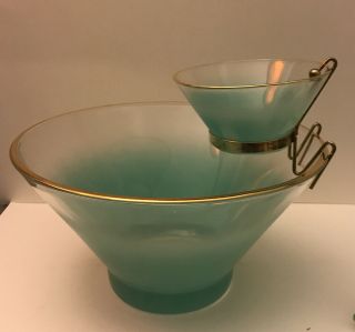Vintage Mid Century Modern Ombré Glass Blue Green Chip And Dip Set