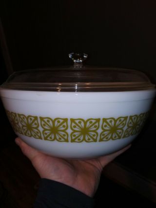 Pyrex Verde Green Square Flowers 4 Qt Round Mixing Bowl Dish With Lid Htf Rare