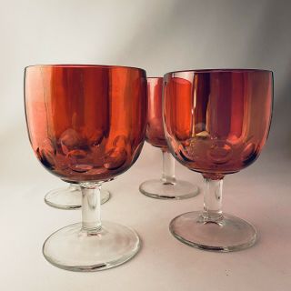 4 Vintage 1960s Bartlett Collins Cranberry Ruby Red Thumbprint Coin Goblets Mcm