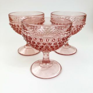 L E Smith Pink Hobnail Champagne Sherbert Glasses Set Of 3