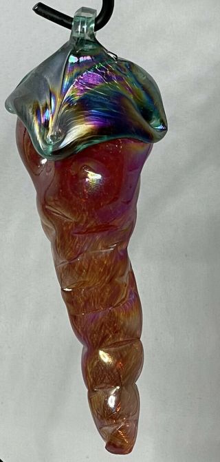 Hand Blown Glass Red Hot Chili Pepper Ornament Iridescent With Applied Top 6 " L