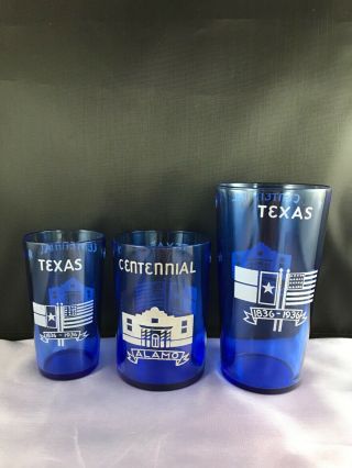 Vtg Hazel Atlas Cobalt Texas Centennial 1836 - 1936 Alamo Glass Tumbler 3pc Set