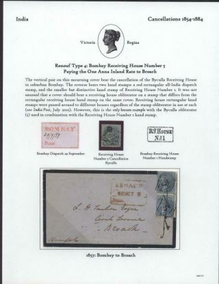India 1857 Cover Renouf Type 4 Bombay Receiving House No.  5 And No.  1 - Rare