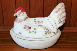 Vintage Large 7 " Purple With Gold Floral Painted White Milk Glass Hen On Nest