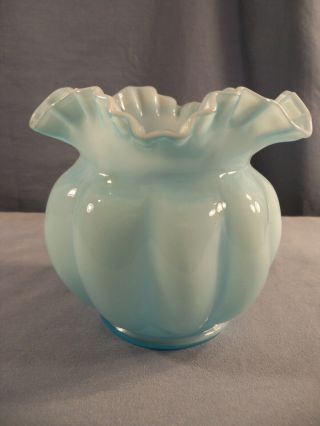 Fenton Blue Overlay Glass Large Melon Rose Bowl Vase 5 1/4 " Tall