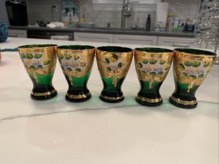 5 Vtg Bohemian/czech Art Glass Hand Painted Gold & Flowers Cordial/shot Glasses