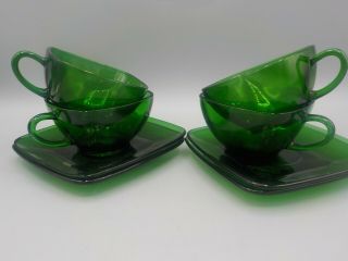4 Vintage Anchor Hocking Forest Green Charm Coffee Cups And Saucers Exc 1