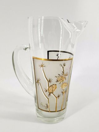 Vintage Tall Libbey Glass Pitcher Gold Pine Cones Branches Frosted 8 1/4 " Tall