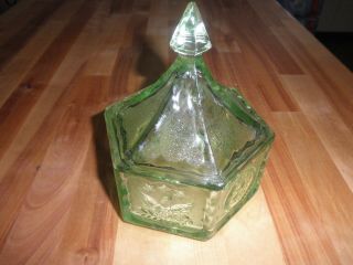 Vintage Glass Green Covered Candy Dish Nut Bowl W/ Lid 4 " Wide 6 " Inches Tall