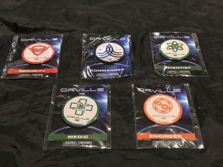 Complete Set Of Five Orville Crew Buttons Badges Pins - Rare Fox Tv Items