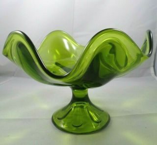 Vintage Mid Century Viking Glass Epic Six Petal Avocado Green Crimped Compote