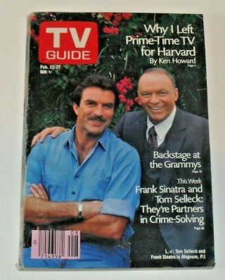 Tv Guide Feb 21 - Feb 27 1987 Tom Selleck & Frank Sinatra No Label No Tears