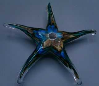 Paperweight Murano Art Glass Starfish 5 Branch Swirling blue,  brown,  gold 3