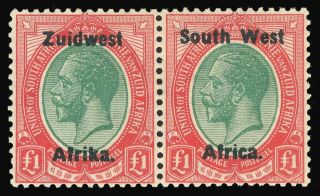 S.  W.  A.  1923 Kgv £1 Green & Red Bilingual Pair Mlh Cat £325 ($439).  Sg 27.  Sc 27.