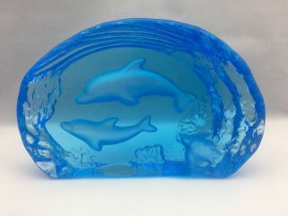 Full Lead Crystal Glass Etched Dolphins & Sea Turtle Blue Paperweight