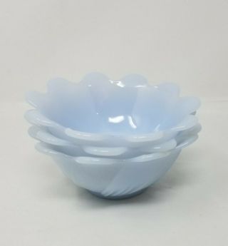 Set Of 3 Vintage Fire King Milk Glass White/blue Lotus Blossom Azurite Bowls
