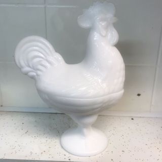 Vintage White Milk Glass Standing Rooster Candy Dish.  8.  75 " Tall