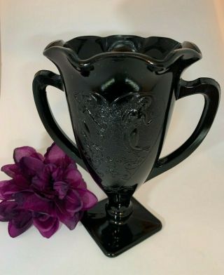 Vintage L.  E.  Smith Black Glass Double Handle Dancing Nymphs Trophy Vase Cup