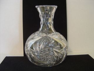 Vintage Cut Glass Water Bottle Or Carafe With Hobstar Fan And Diamond Cuts 8 "