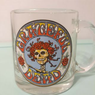 Vintage Grateful Dead Mug Clear Glass Red Roses On Skeleton Head