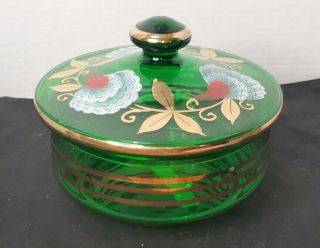 Vintage Czech/bohemian Emerald Green Art Glass Lidded Candy Dish W Gold Gilt