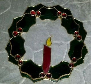 Vintage Stained Glass Suncatcher Christmas Wreath Holly Berries Candle