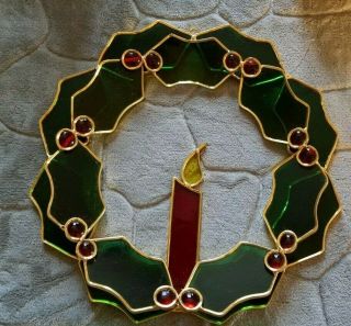 Vintage Stained Glass Suncatcher Christmas Wreath Holly Berries Candle 2