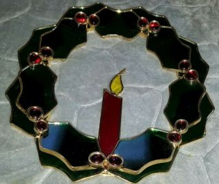 Vintage Stained Glass Suncatcher Christmas Wreath Holly Berries Candle 3