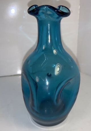 Vintage Hand Blown Blenko Pinched Glass Decanter/vase Turquoise Blue 5”