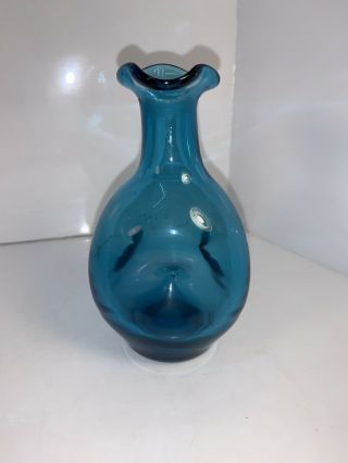 Vintage Hand Blown Blenko Pinched Glass Decanter/vase Turquoise Blue 5” 2
