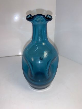 Vintage Hand Blown Blenko Pinched Glass Decanter/vase Turquoise Blue 5” 3