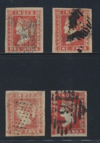 India 1854 One Anna Qv Red Four Litho Stamps,  Shades