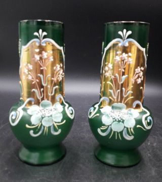 2 - Vintage Murano Venetian Green Glass With Gold Hand Painted Flower Vases 15cm