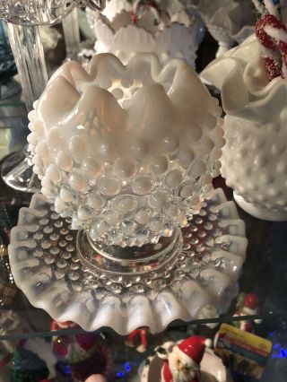 Fenton Moonstone Opalescent Hobnail Glass Rose Bowl And Under - Plate Vintage