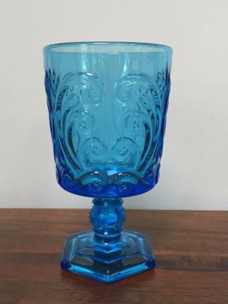 Vintage Imperial Glass Antique Blue Pressed Glass Scroll Water Goblet