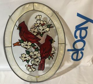 Stained & Etched Glass Cardinals Birds Oval Suncatcher