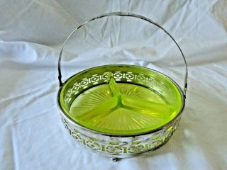 Vintage Yellow Vaseline Glass Divided Relish Dish With Metal Serving Holder