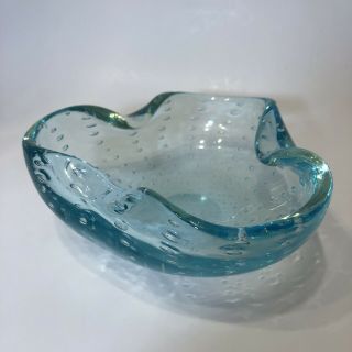 Vintage Blue Murano? Style Glass Bowl Ash Tray Controlled Bubbles Bullicante