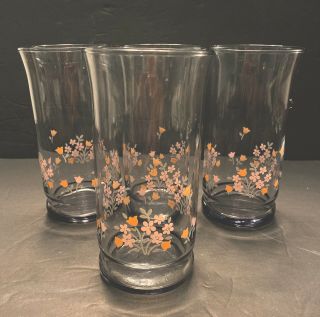 Vintage Pink & Grey Floral Tinted Glass Drinking Tumblers Set Of 4