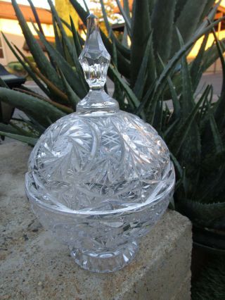 Large Crystal Candy Dish With Lid Hobstar Fan Pattern Lovely Finial