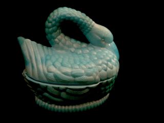 Cr.  1914 France Pv Vallerysthal Blue Milk Glass Swan On Nest Lidded Candy Dish