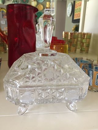 Vintage Hand Cut Glass Crystal 4 Footed Covered Candy Dish Spinning Star 8”