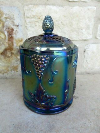 Indiana Iridescent Blue Harvest Grape Carnival Glass Canister/candy Dish W/lid