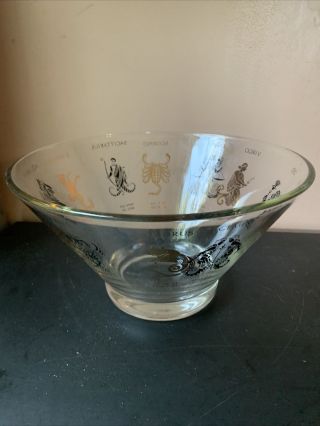 Vintage Mcm Glass Signs Of The Zodiac Star Glass Chip Salad Bowl Gold Black Euc