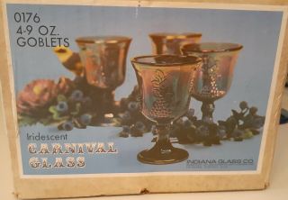 Vtg Indiana Blue Iridescent Carnival Glass Harvest Grape Goblets Footed W/ Box