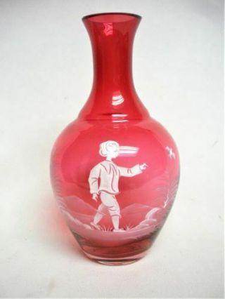 Antique Mary Gregory Cranberry Red Art Glass Bottle Vase Child Boy & Bird