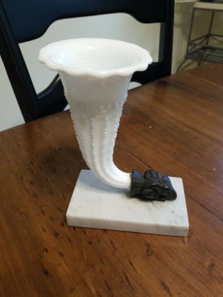Vintage Fenton Milk Glass White Hobnail Ruffled Epergne Horn Flower Bud Vase