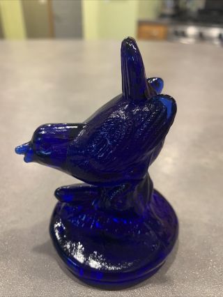 Vintage Cobalt Blue Pressed Glass Bird Song Robin On Branch Tail Up Figurine