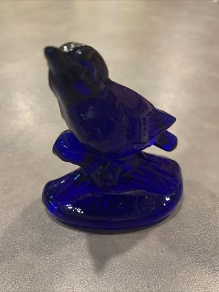 Vintage Cobalt Blue Pressed Glass Bird Song Robin On Branch Figurine Paperweight