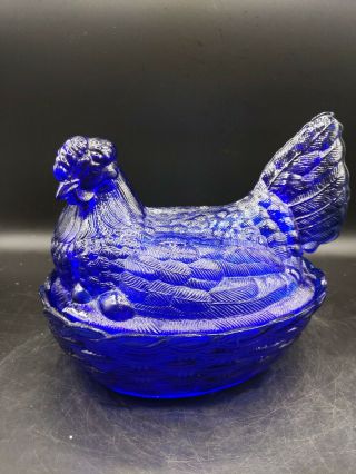 Iridescent Cobalt Blue Carnival Glass Hen On Nest Candy Dish 6 1/2 " Nesting